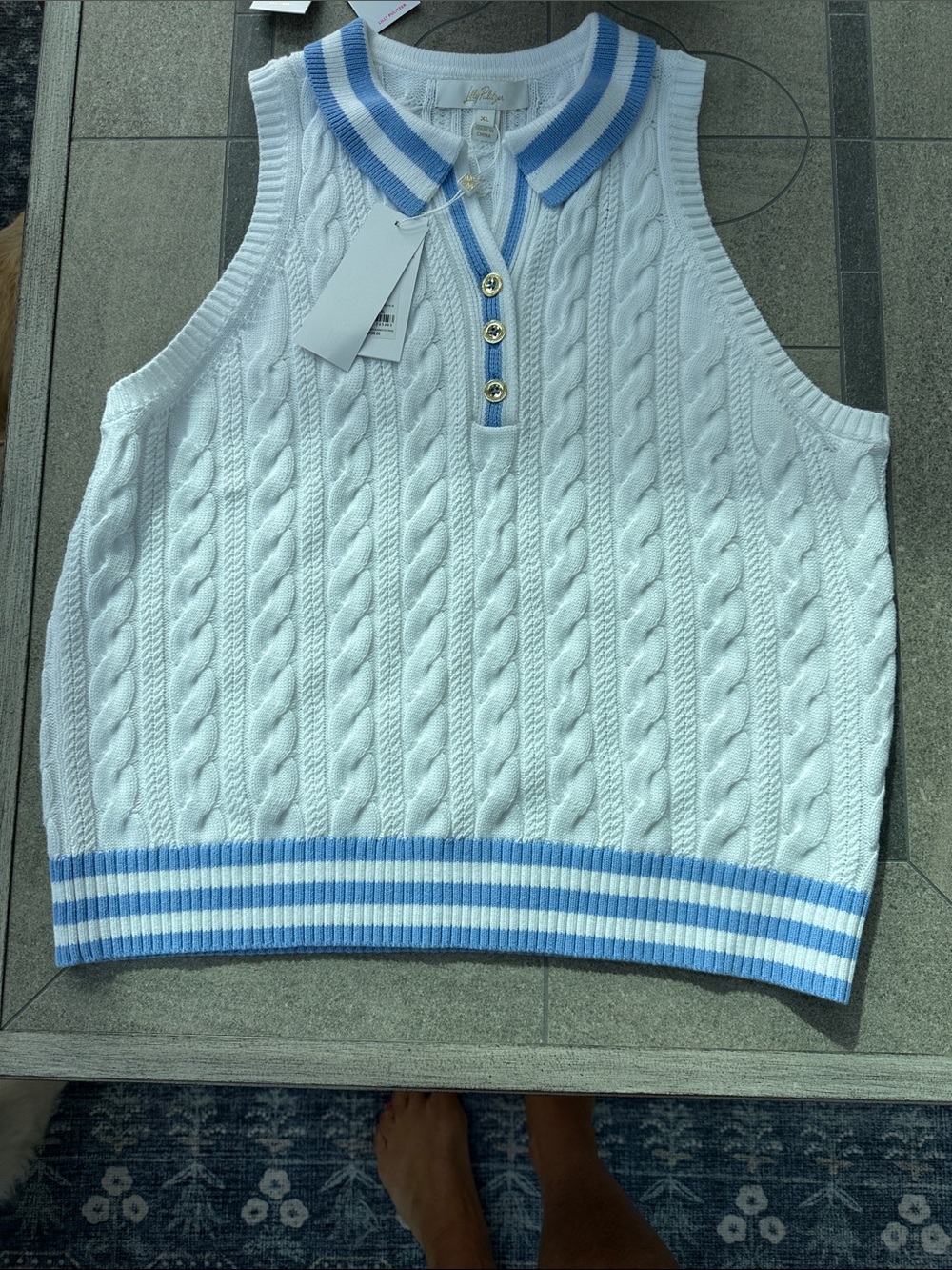Lilly Pulitzer White Cable-Knit V-Neck Sweater with Light Blue Trim